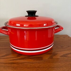 Vintage RARE Bright Orange Enameled 12 Cup Stock Pot W/ Lid